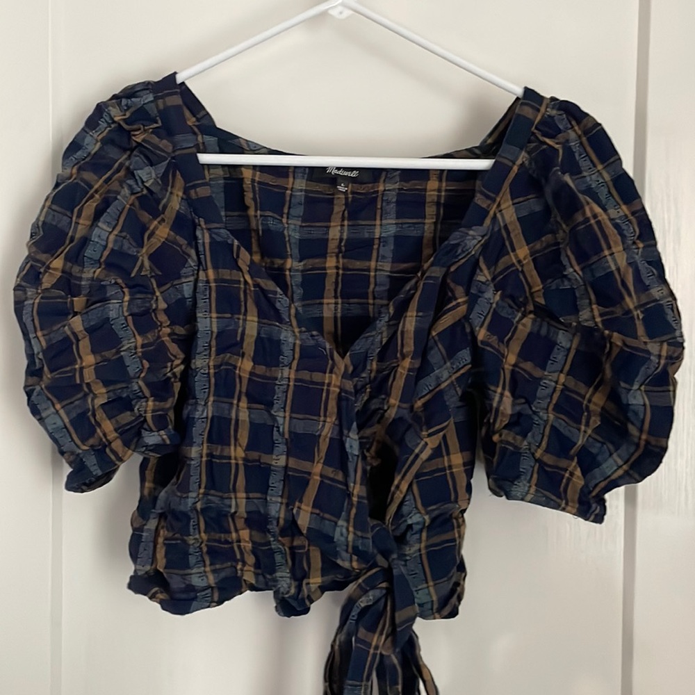 Madewell size large plaid puff sleeve wrap crop top